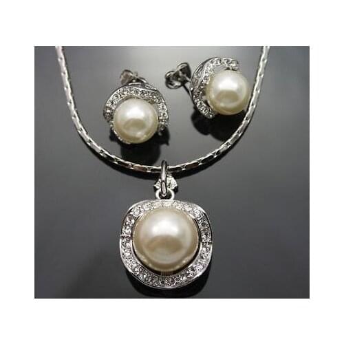 Nobility Quartz crystal 12-14mm White Shell Pearl&Diamante Earring Necklace Set hook Free shipping