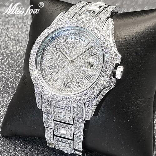 MISSFOX Iced Out Quartz Watch Men Multifunction Adjust Week calendar Bezel With Full Big Diamond Wrist Watch Relogio Masculino