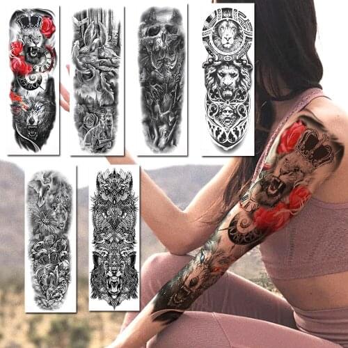 Black Lion King Wolf Tattoos Sticker Realistic Fake Skull Angle Tiger Full Arm Tatoos Totem Owl Sleeve Maori Temporary Tattoos