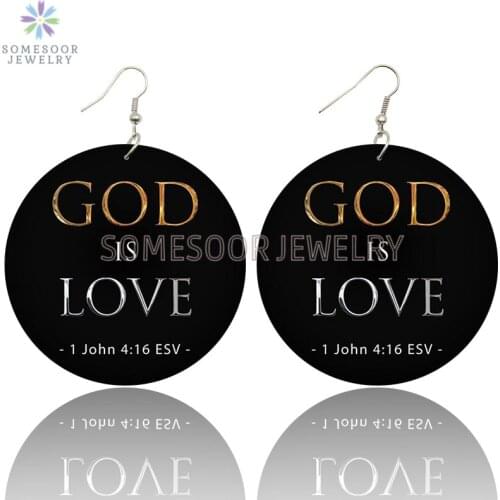 SOMESOOR God Is Love Christian Wooden Drop Earrings I Love Jesus Bible Sayings Both Sides Printed Dangle Jewelry For Women Gifts