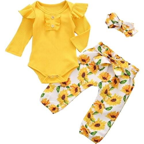 Infant Baby Girl Clothing Set Long Sleeve Yellow Knitting Romper Sunflower Floral Pants Headband 3Pcs Autumn Newborn Clothes