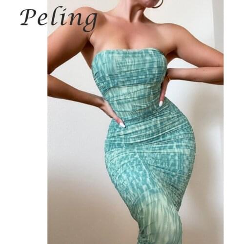 Peling Elegant Corset Bustier Ruched Dress Mesh Midi Dress Women Party Night Club Sexy Backless Strapless Summer Dress Bodycon