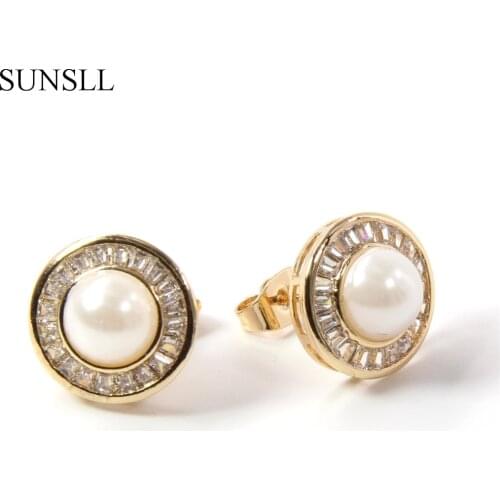 SUNSLL Golden Color Copper Pins Cubic Zircon and 8mm Pearl Round Stud Earrings Womens Party Fashion Jewelry Brincos