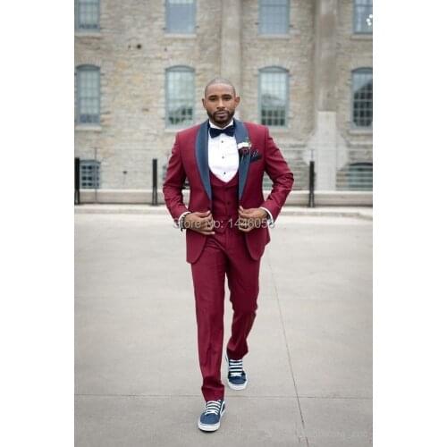 2019 New Arrival Groomsmen 3 Piece Wedding Suits For Men Slim Fit Formal Burgundy Men Suits Wedding Groom Tuxedo Best Man Blazer