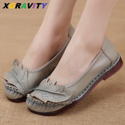 New Branded Plus Size 35-41 Women Flat Shoes Cow Genuine Leather Round Toe Vintage Ladies Flats Female Retro Shoes Leaf Loafer
