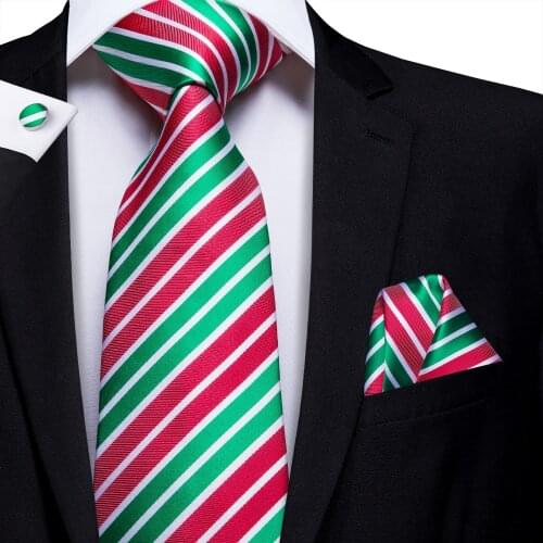Hi-Tie Green Red Striped 100% Silk Mens Tie Set 8.5cm Wedding Ties For Men New Design Hanky Cufflinks Set Quality Necktie