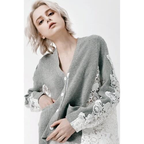 Autumn Cardigan Womens Back Sleeves Winter Clothes Slim Sweaters Stitching Water Soluble Lace Female Jacket Elegant Fashion