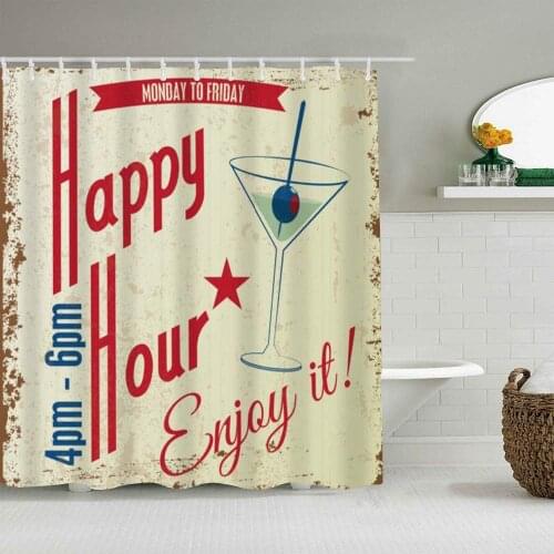 Polyester Fabric Shower Curtain Set with 12 Plastic Hooks Decorative Bath Curtains Beer Retro Vintage Happy Hour Drink