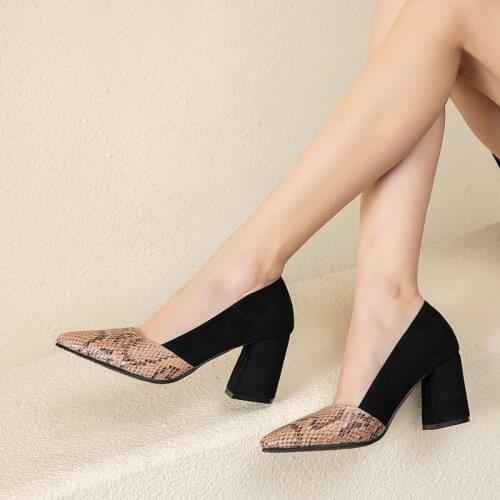 Fashion women office shoes pumps high heels 2020 new spring pointed toe suede slip on snake print ladies block heels