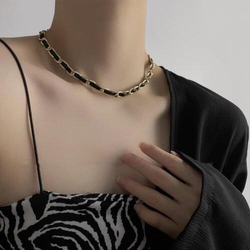 U-Magical French Vintage Black Leather Twist Rope Chokers Necklace for Women Textured Gold Color Metallic Necklace Jewellery