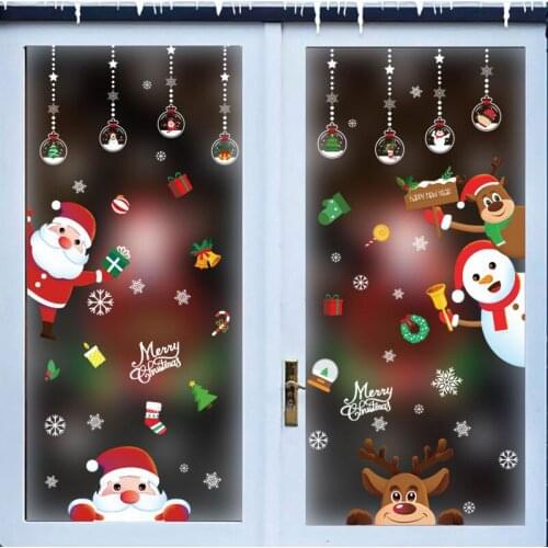 Merry Christmas Window Sticker Snowman Santa Deer Cute Snowflake Bell Stickers For Shopping Mall Glass Door Windows Wall Decal