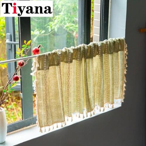 Bay Window Cotton Linen Stripe Short Curtain for Kitchen Cabinet Door Separate Panel Decor Drapes Half-Curtain with Tassel 258Z