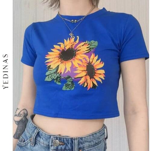 Yedinas Sunflower Print T Shirt Women Y2k Aesthetic Short Sleeve Tee Harajuku Kawaii Tshirts Women Clothes O Neck Crop Top 2021