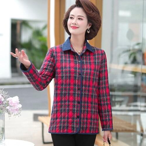 Womens Plaid Jacket Autumn Winter Thin Cotton Check Quilted Coats Middle-aged and Elderly Ladies Plaid Shirt Jacket Tops