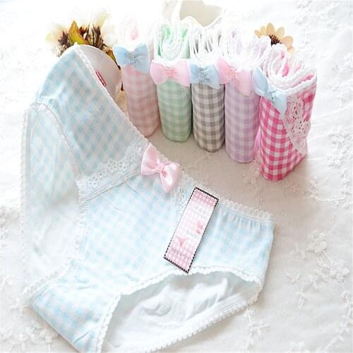 100% cotton ladies bow plaid cute underwear, low waist lace ladies underwear TL209
