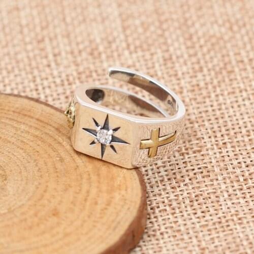 100%S925 Silver Thai Silver Jewelry Popular Simple Faceted Drilled Mens Cross Fashion Open Ring