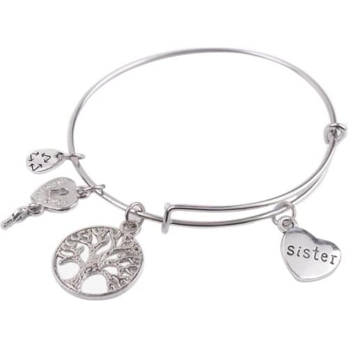 5PCS Fashion Expandable Wire Bangle Sister word Heart Charm Bracelet #92131