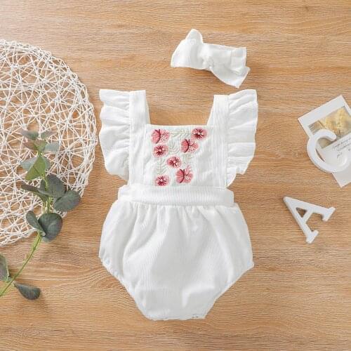 Baby Girls Fly Sleeve Rompers Ruffles Embroidery Corduroy Jumpsuits + Headband Lovely Toddler Infant Summer Outwear Clothes