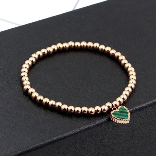 Double Side Color Heart Charm Stretch Strand Bracelets & Bangles Women Jewelry Stainless Steel Ball Love Beaded Bracelets K005-1