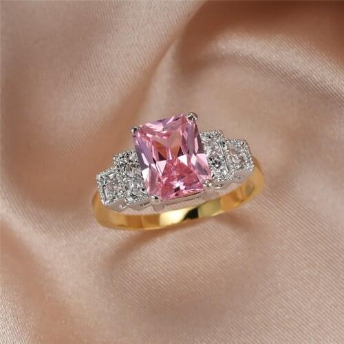 Elegant Pink Crystal Stone Jewelry Cute Gold Color Wedding Rings For Women Charm Square Zircon Engagement Ring Valentines Gifts