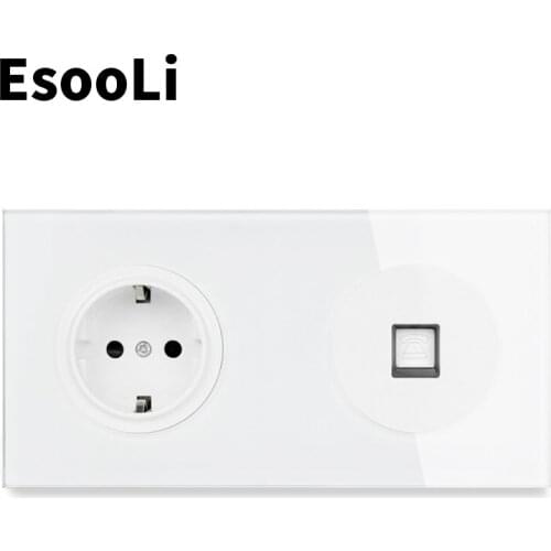 Esooli Crystal Tempered Glass Panel EU Standard Wall Socket RJ11 Telephone Connector Phone Jack Socket Knight Black