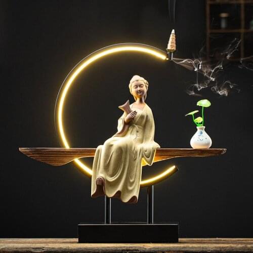 Elegant Lady Backflow Incense Burner With Led Light Smoke Waterfall Incense Sticks Holder With 20 Pcs Cones Purple Clay Censer