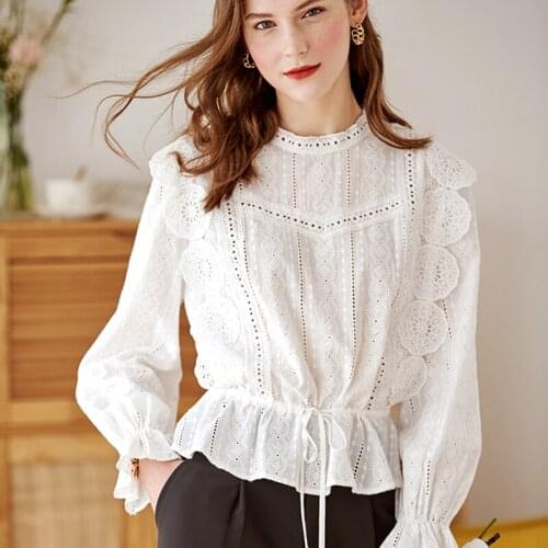 GypsyLady 100%Cotton lace Boho Blouse Shirt White Spring Hollow Out Long Sleeve Sexy Women Vintage Casual Chic Blouses Top 2021