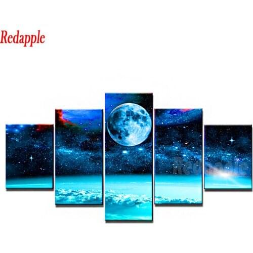 5D Full Square Diamond Painting 5 Panel Planet Universe Space Starry Sky Earth Moon Diamond Embroidery Mosaic Living Room Decor