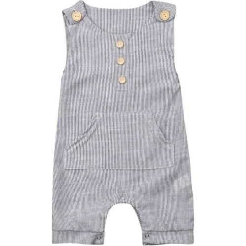 0-18M Newborn Baby Boy Striped Romper One-pieces Jumpsuit Buttons Cotton Linen Playsuit Sleeveless Infant Boys Clothes Outfits