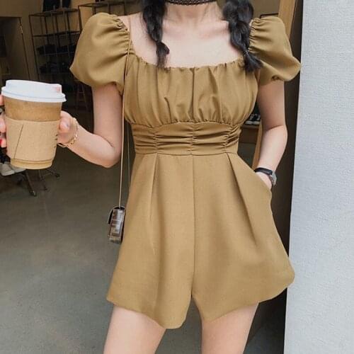Korean Khaki One Word Collar High Waist Pleated Wide Legs Jumpsuit Female Summer New Fashion Puff Sleeve Romper Women Ropa Mujer
