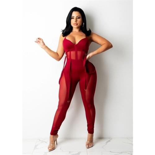 Cutubly Spaghetti Strap Jumpsuits And Rompers Summer V Neck Casual Jumpsuits For Women Mesh Patchwork Sexy Tight Romper Club