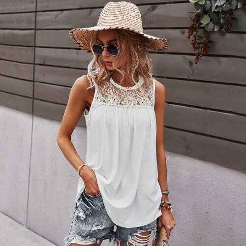 Liooil Black Lace Tops For Women Summer 2021 Patchwork See Through Sleeveless O-Neck White Gray Red Ladies Sexy Loose Tops