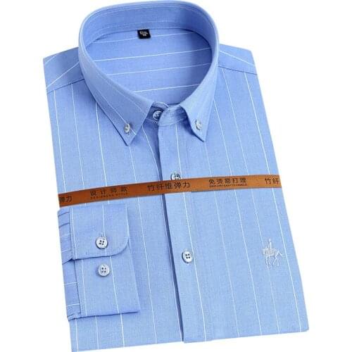 2021 New Men Shirt Bamboo Long Sleeve Soft Luxury Business Casual Cloth Striped Anti-Wrinkle Branded Black Blue 5XL DA496