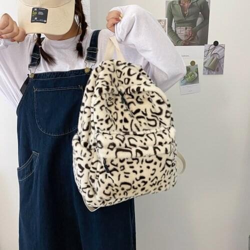 2021 New Winter Women Warm Plush Backpack Teenager Girls School Bag Leopard Print Backpacks Female Multi-Pockets Travel Bag