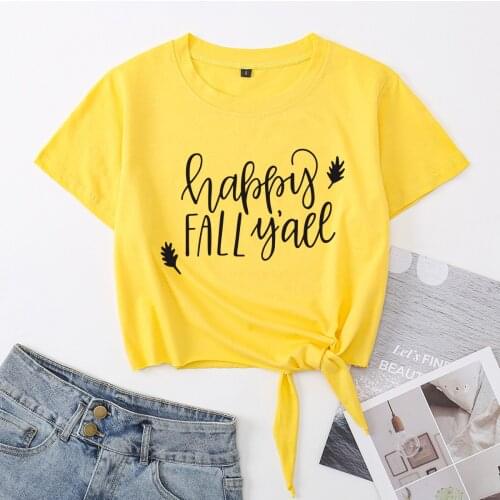 Happy Fall Yall Autumn Leaves Crop Top Womens Summer Short-sleeve Print Cotton T-shirt Cropped Tops Graphic Tee with Front Knot