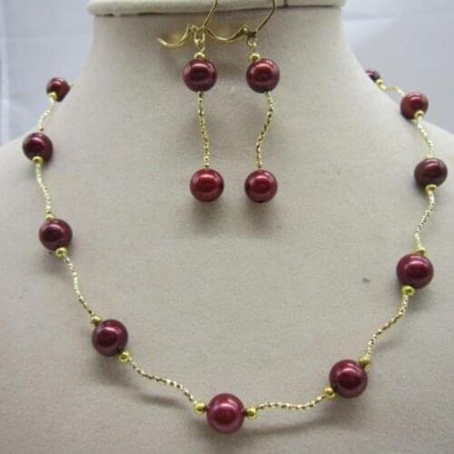 9-10mm Tahitian win red pearl necklace 925silver 18 inch + match earring