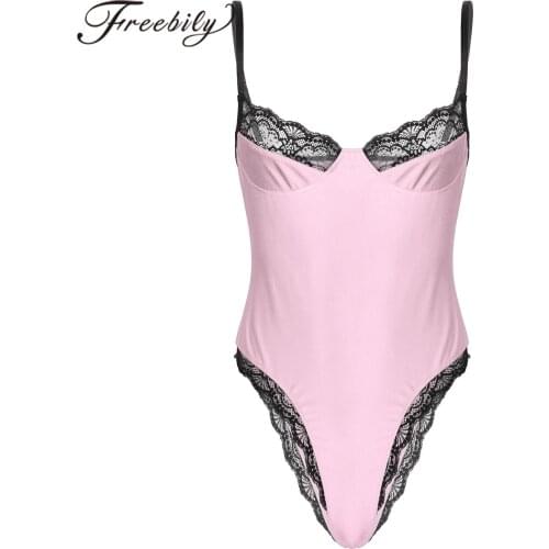 Sexy Men Gay Jockstraps One-piece Lace Trimming Bodycon Bodysuit Spaghetti Strap Sleeveless Unlined Wireless Bra Sissy Lingerie