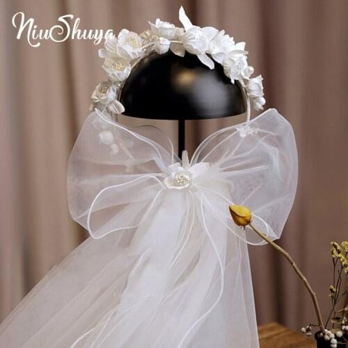 NiuShuya Lovely Flowers Brides Headbands Pearls Wedding Veils Hairbands Crystals Hair Accessory Girls Head Wear Accessories