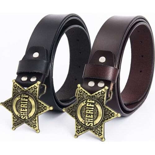 American Sheriff Motorcycle Mens Womens Belt Luxury Cowhide Metal Pin Buckle Locomotive Six-Pointed Star Pants Belt