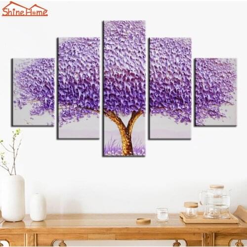 ShineHome-5pcs Canvas Prints Painting Purple Tree Oil Painting Modular Painting Modern Store Nature Art Picture 0n Wall No Frame