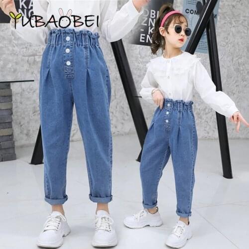 YUBAOBEI Blue Jeans For Girl Ruffles Elastic waist Jeans Girls Spring Autumn High waist Pants Kid Casual Style Children Trousers