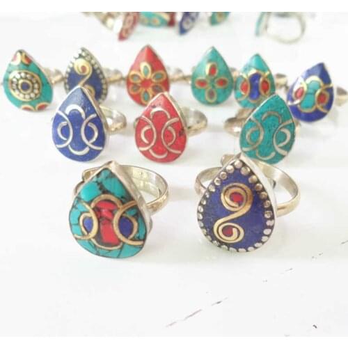 Mix Wholesale 50PCS Nepal Vintage Cute Rings for Girl Metal Copper Inlay Colorful Stone Lovely Rings