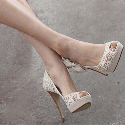 Summer Women Platform Bowtie Peep toe Lace Pumps Wedding shoes Pointed toe Bride High Heels for Ladies