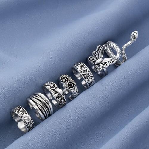 Vintage Silver Plated Snake Owl Mushroom Open Ring for Womens Gothic Punk Steampunk Heart Butterfly Eye Ring Sets Party Jewelry