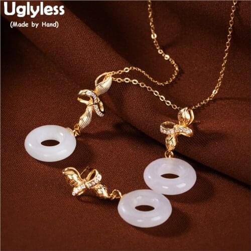 Uglyless Irregular Crystal Knots Jewelry Sets for Women Natural Jade Peace Buckle Earrings + Necklaces + Chains 925 Silver E1383