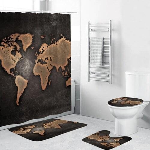 Old World Map Print Shower Curtain Vintage Bathroom Decor 4 Piece Set Soft Toilet Mat Pad 180x180 cm