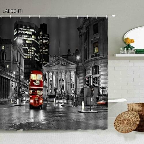 London City Scenery Shower Curtain Retro Building Red Bus Tower Bridge Bathroom With Hook Hanging Waterproof Screen Home Decor