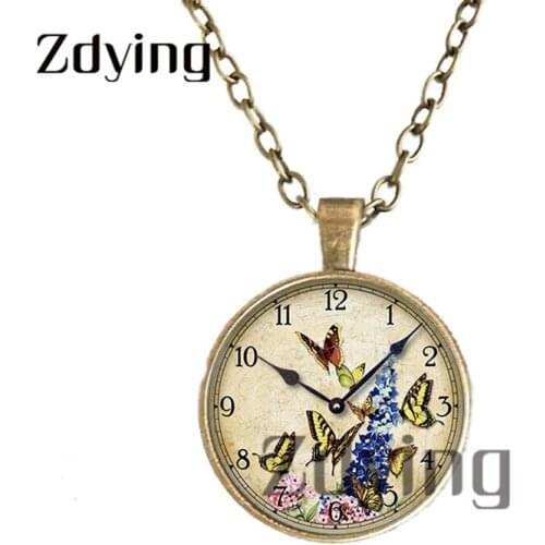 Zdying Vintage Round Clock Butterfly Flower Pendant Necklaces Glass Photo Cabochon Charm Chain Choker For Women Collares GZ028