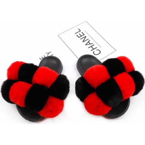 Women Fake Fur Slides Home fluffy Flat Sandals Female Cute Fluffy House Shoes Woman Artificial Rabbit Fur Slides Ladies Slippers