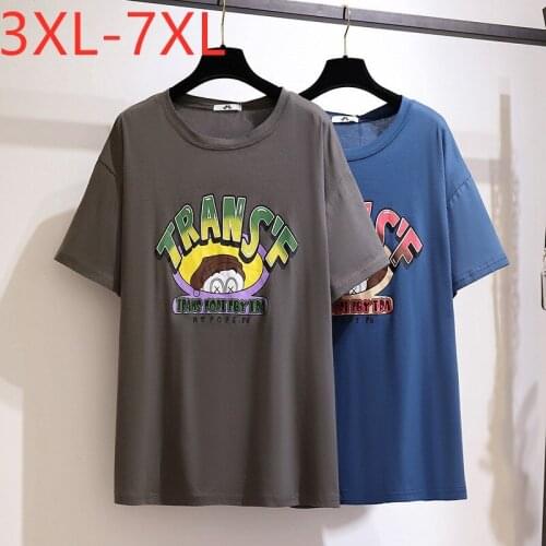 New 2021 Ladies Summer Plus Size Tops For Women Large Short Sleeve Loose Cotton Blue Print O-neck T-shirt 3XL 4XL 5XL 6XL 7XL